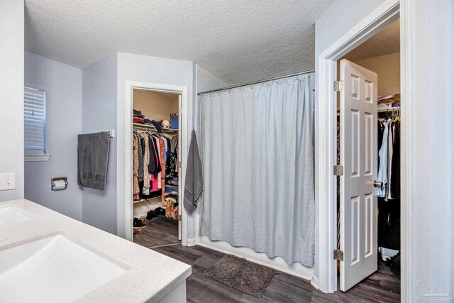 2000 Silverado Rd, Pensacola, FL 32506 - bathroom featuring a spacious closet, wood finished floors, vanity, and a textured ceiling
