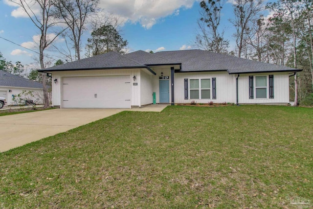 ranch-style home featuring a front lawn, a garage, driveway, and roof with shingles