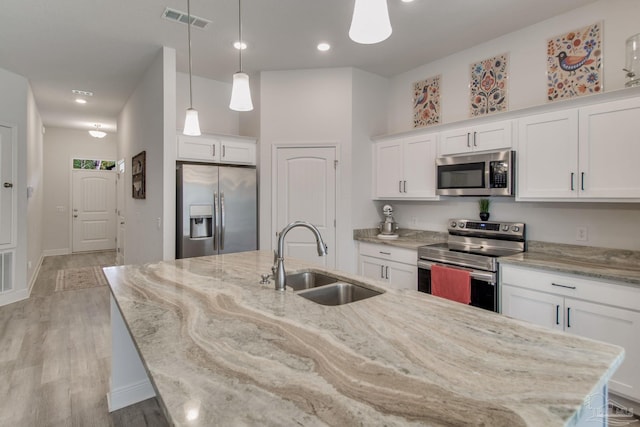 kitchen featuring visible vents, an island with sink, a sink, appliances with stainless steel finishes, and white cabinetry