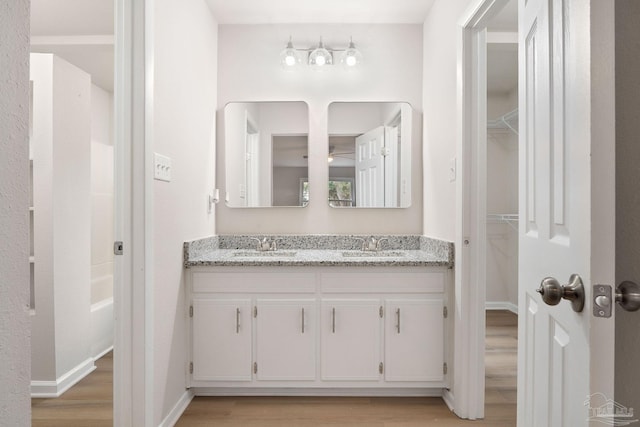 bathroom with vanity and hardwood / wood-style flooring