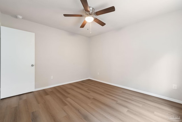 unfurnished room with ceiling fan and light wood-type flooring