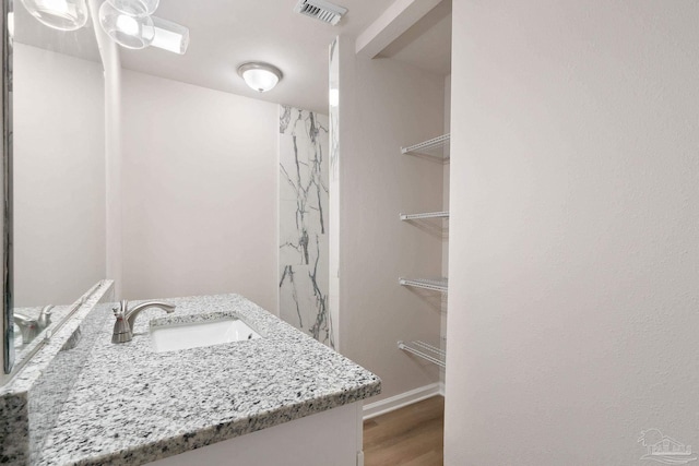 bathroom with vanity and wood-type flooring