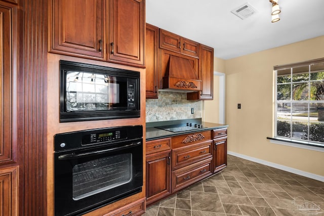 kitchen with decorative backsplash, custom exhaust hood, and black appliances