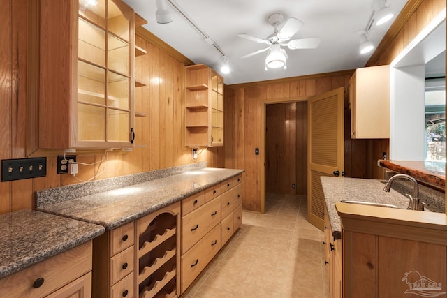 kitchen with dark stone countertops, wooden walls, sink, and ceiling fan