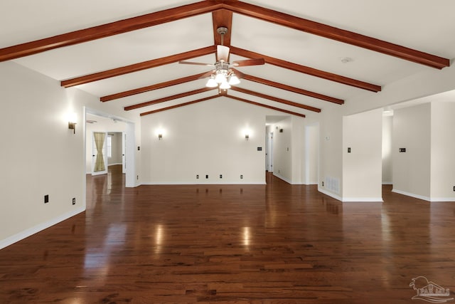 unfurnished living room with lofted ceiling with beams, dark hardwood / wood-style floors, and ceiling fan