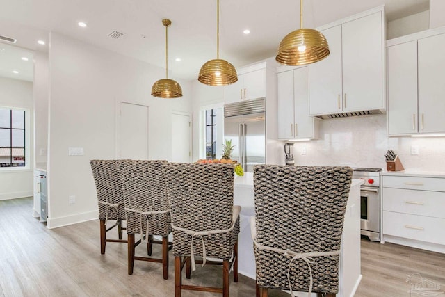 kitchen featuring under cabinet range hood, backsplash, a breakfast bar area, light wood finished floors, and high end appliances