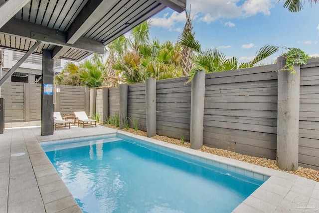 view of pool featuring a fenced in pool, a fenced backyard, and a patio area