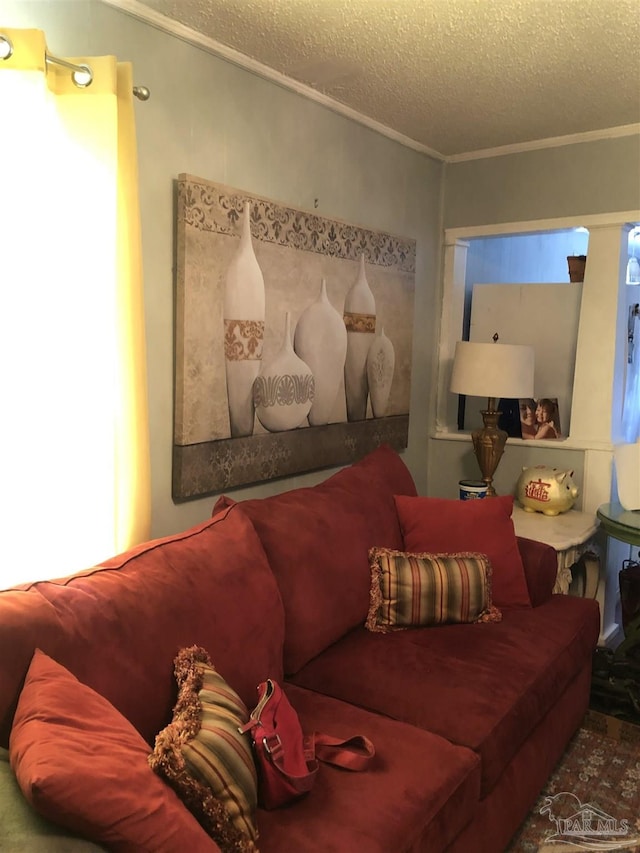 living room with ornamental molding and a textured ceiling