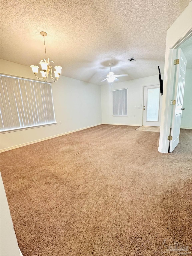 3081 Flintlock Dr, Pensacola, FL 32526 - carpeted spare room featuring a chandelier, a textured ceiling, ceiling fan, and baseboards