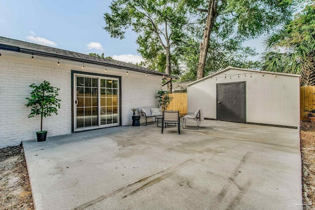 view of patio / terrace featuring a shed