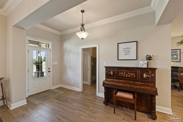 entrance foyer with crown molding and light wood-type flooring