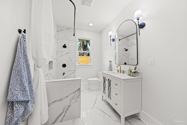 full bathroom featuring vanity, baseboards, a marble finish shower, toilet, and marble finish floor