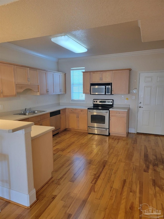 kitchen featuring appliances with stainless steel finishes, light wood-type flooring, a sink, and light brown cabinetry