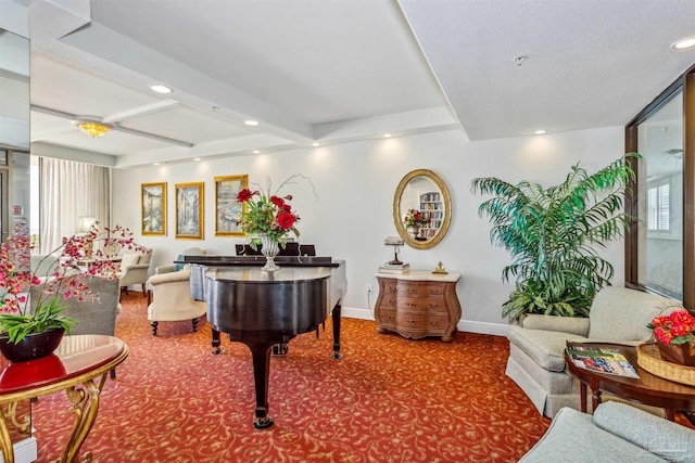 interior space featuring carpet and beamed ceiling