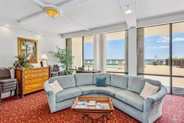 living room with beamed ceiling, carpet flooring, and a water view