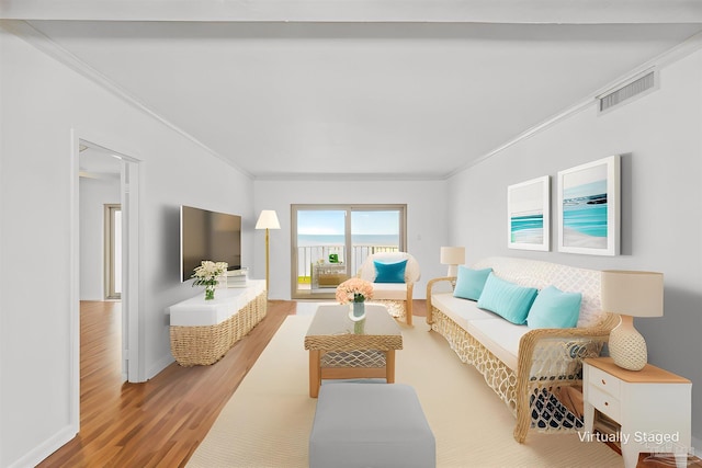 living room with crown molding and wood-type flooring