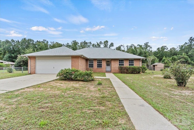 ranch-style home with a garage and a front lawn