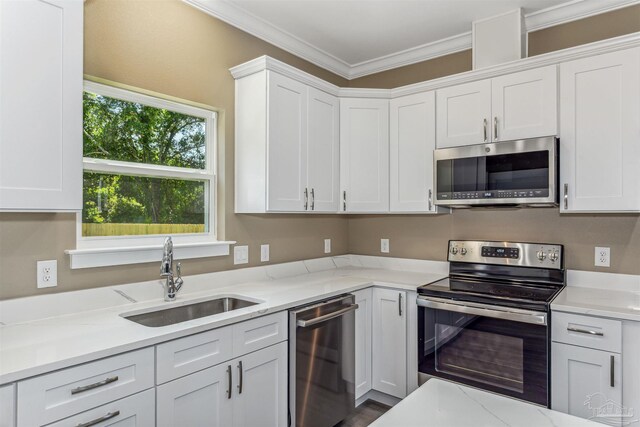 kitchen featuring crown molding, white cabinets, light stone counters, stainless steel appliances, and sink