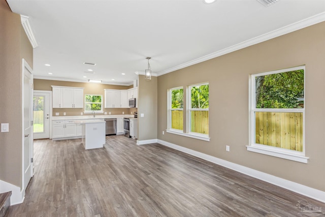 kitchen with white cabinets, wood-type flooring, hanging light fixtures, and appliances with stainless steel finishes