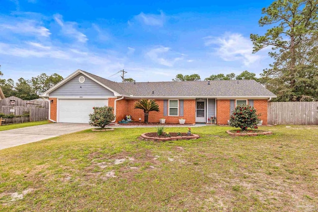 ranch-style house featuring a garage and a front lawn