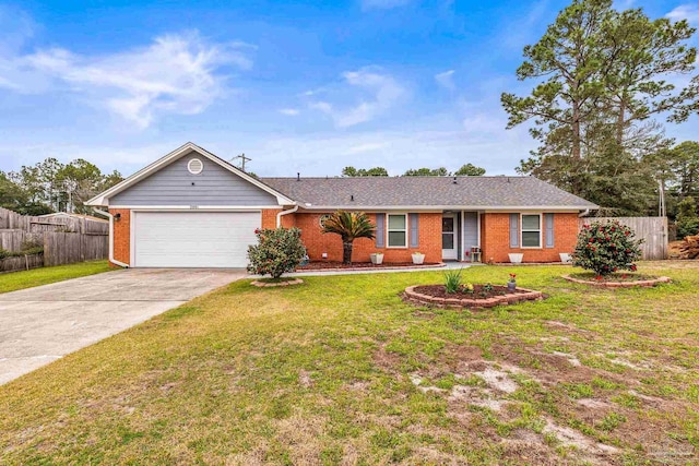 single story home featuring a garage and a front lawn