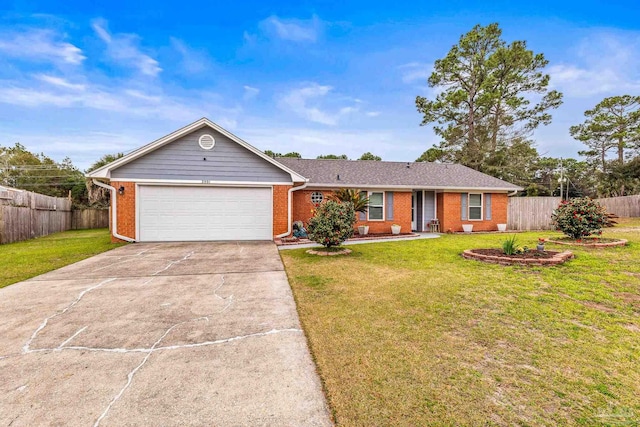 single story home with a garage and a front yard