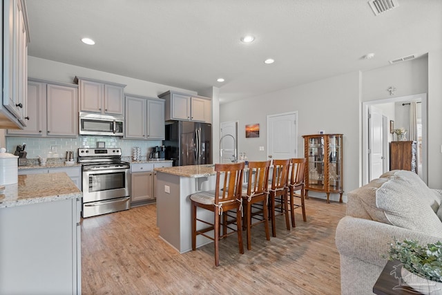 6347 Ladera Trl, Pace, FL 32571 - kitchen with appliances with stainless steel finishes, gray cabinetry, a breakfast bar, tasteful backsplash, and a sink