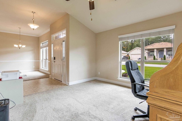 office area featuring ceiling fan with notable chandelier, carpet floors, and crown molding