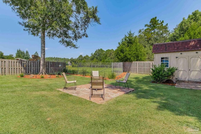 view of yard featuring a patio and a storage shed