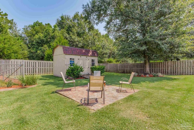 view of yard featuring a storage unit and a patio area