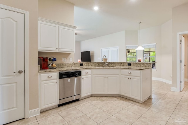 kitchen with kitchen peninsula, white cabinetry, dishwasher, and sink