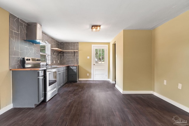 kitchen featuring plenty of natural light, dark hardwood / wood-style flooring, electric range, and butcher block counters