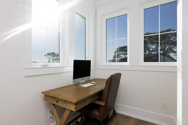 office featuring wood-type flooring and a healthy amount of sunlight