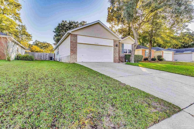 ranch-style house with a garage, central air condition unit, and a front lawn