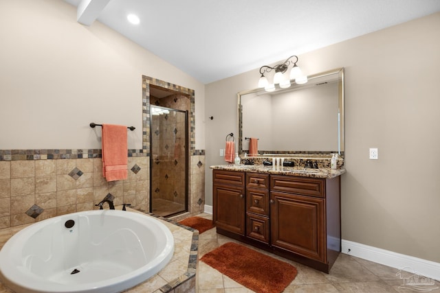 bathroom featuring shower with separate bathtub, vanity, lofted ceiling with beams, and tile patterned floors