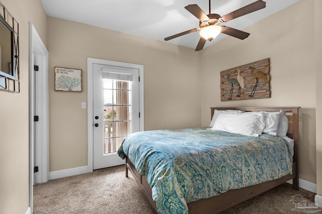 bedroom featuring ceiling fan, carpet floors, and access to outside