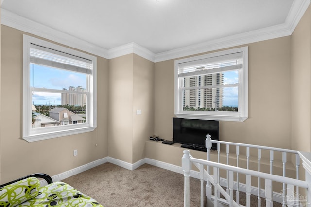 bedroom with crown molding and light carpet