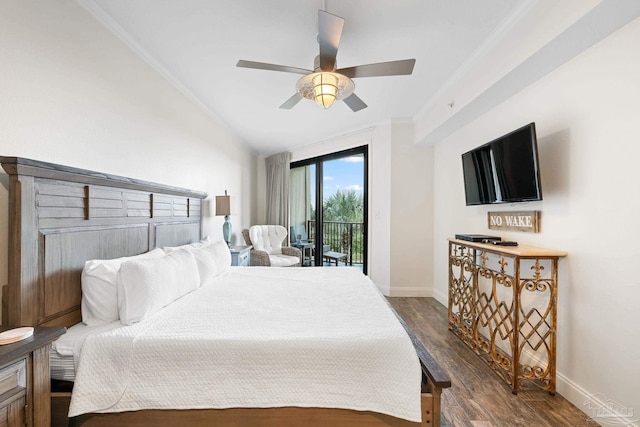 bedroom featuring dark hardwood / wood-style flooring, access to outside, vaulted ceiling, ceiling fan, and crown molding