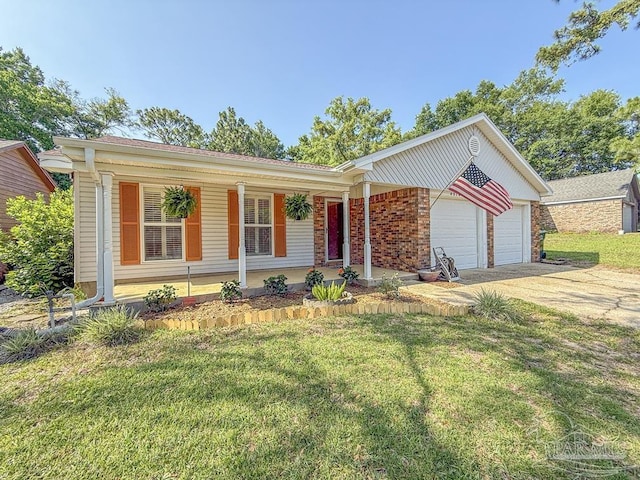 4514 Southpointe Ln, Pensacola, FL 32514 - ranch-style home with a front lawn, concrete driveway, a porch, a garage, and brick siding
