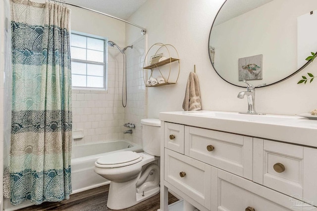 full bathroom featuring toilet, vanity, shower / bath combo, and hardwood / wood-style flooring