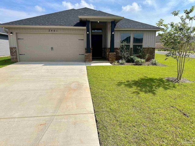 view of front of property with a shingled roof, an attached garage, brick siding, board and batten siding, and driveway