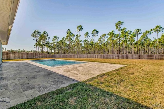 view of swimming pool featuring a lawn and a patio