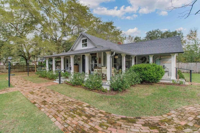 farmhouse inspired home featuring a front lawn and covered porch