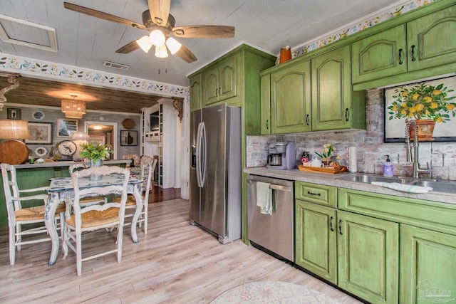 kitchen with ceiling fan, light hardwood / wood-style flooring, backsplash, appliances with stainless steel finishes, and sink