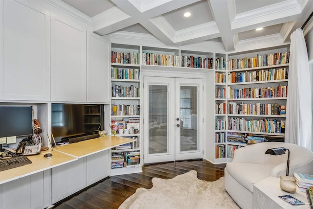 sitting room with crown molding, built in features, beamed ceiling, and coffered ceiling