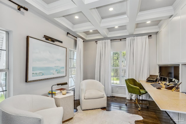 home office featuring beamed ceiling, wood-type flooring, ornamental molding, and coffered ceiling