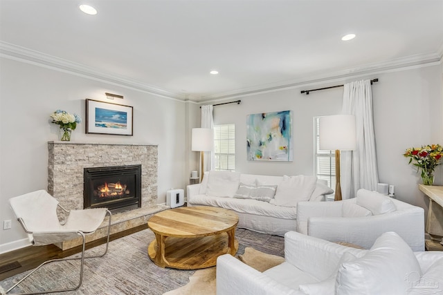 living room featuring wood-type flooring, a stone fireplace, and ornamental molding