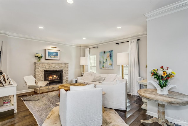 living room featuring a fireplace, crown molding, and dark wood-type flooring