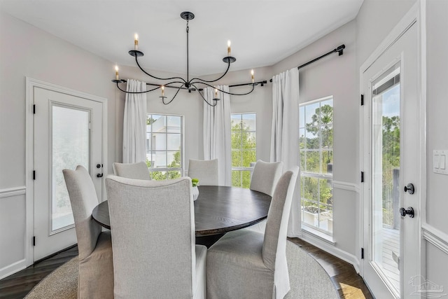 dining room with a notable chandelier and dark hardwood / wood-style flooring