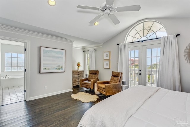 bedroom featuring access to outside, multiple windows, ceiling fan, and french doors